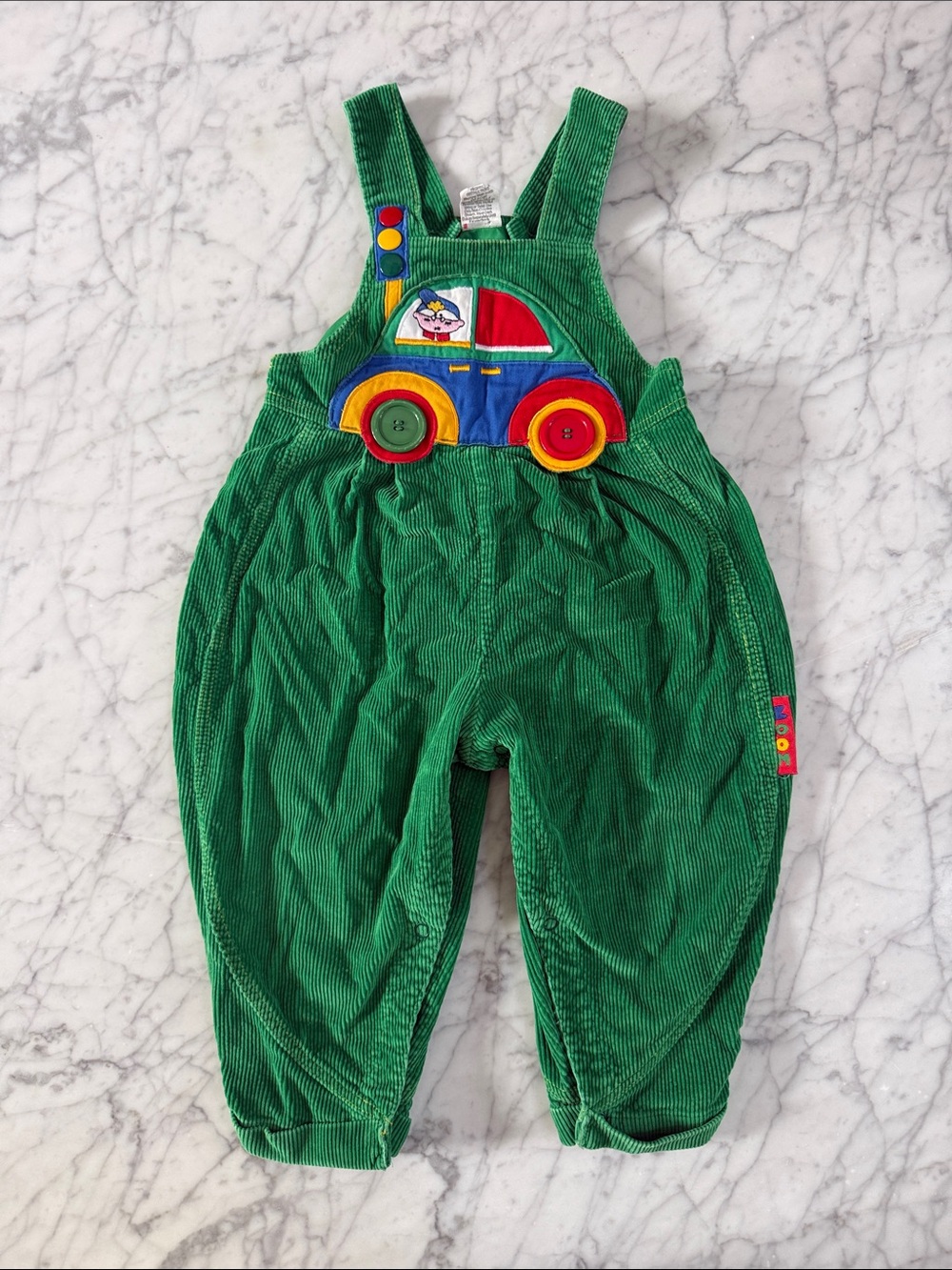Green Corduroy Bubble Overalls Sz 24Mo Car Applique Primary Colors